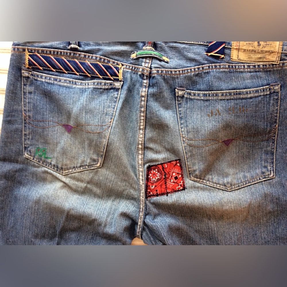 CUSTOM- Polo Ralph Lauren Men's Denim Jeans with Flag Patch Distressed accents